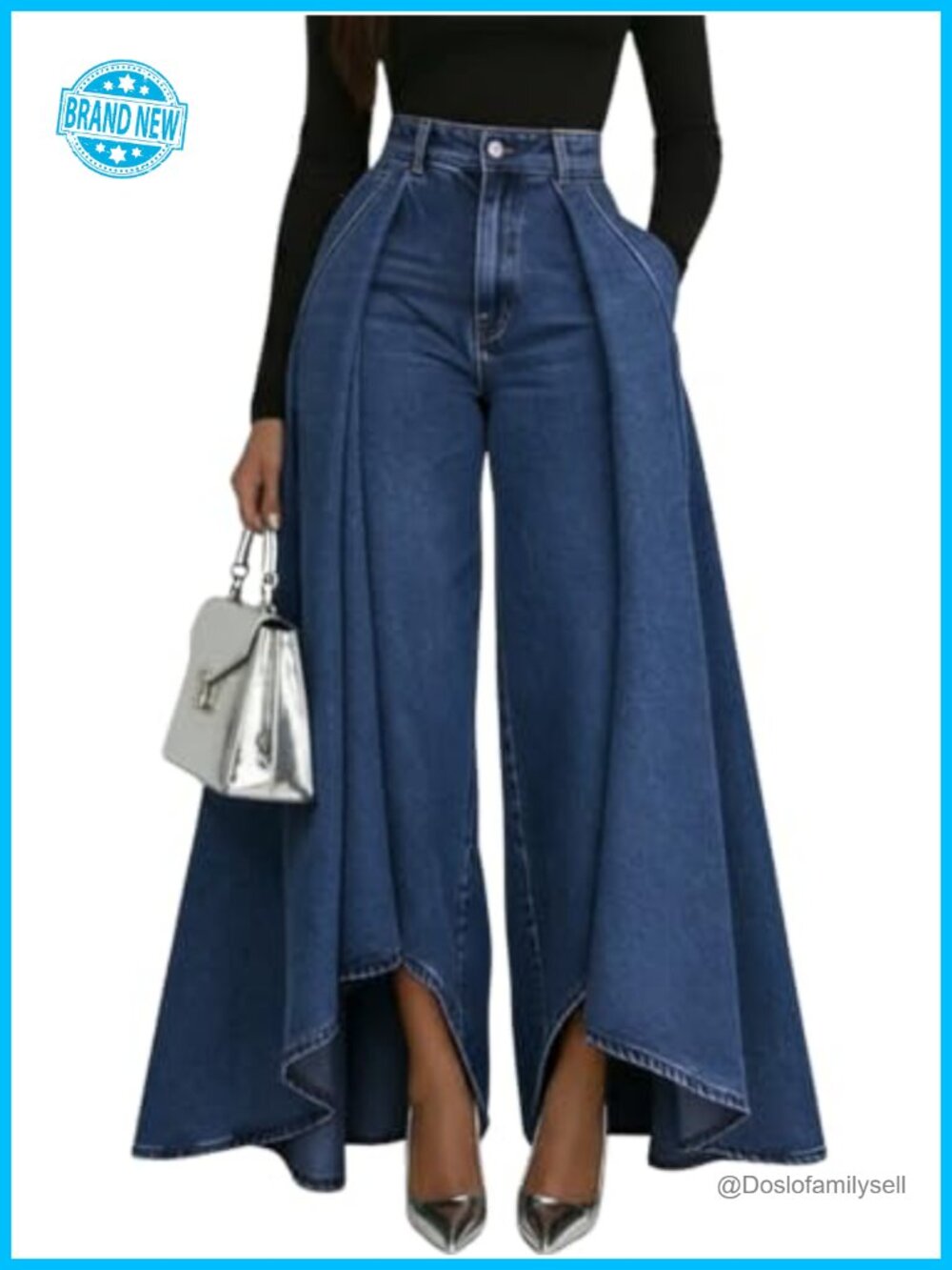 Womens Palazzo Jeans with Skirt Overlay High Waist Wide Leg Denim Pants
